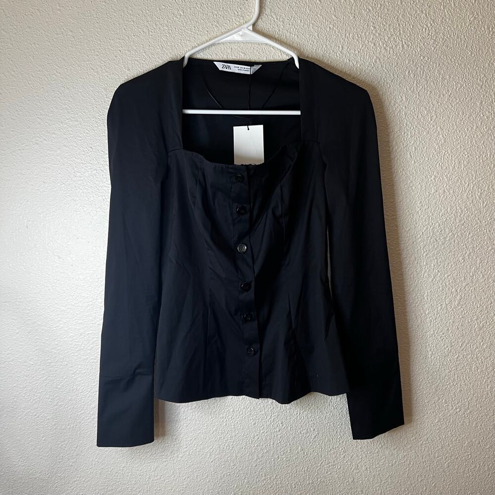 Zara Black poplin square neckline long sleeve button down shirt blouse NEW XS - Picture 2 of 7